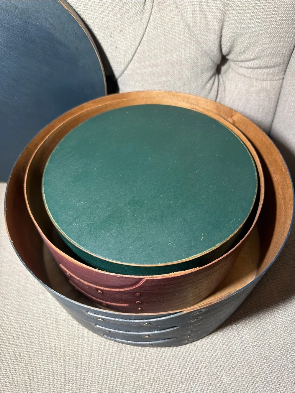 Set of 3 Wooden Shaker Design Circular Nesting Boxes w/ Swallowtail Joints & Lid